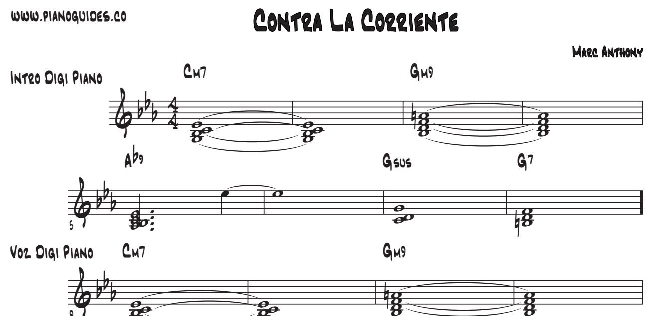 Título y tres primeras líneas de la guía de Contra La Corriente (Marc Anthony)