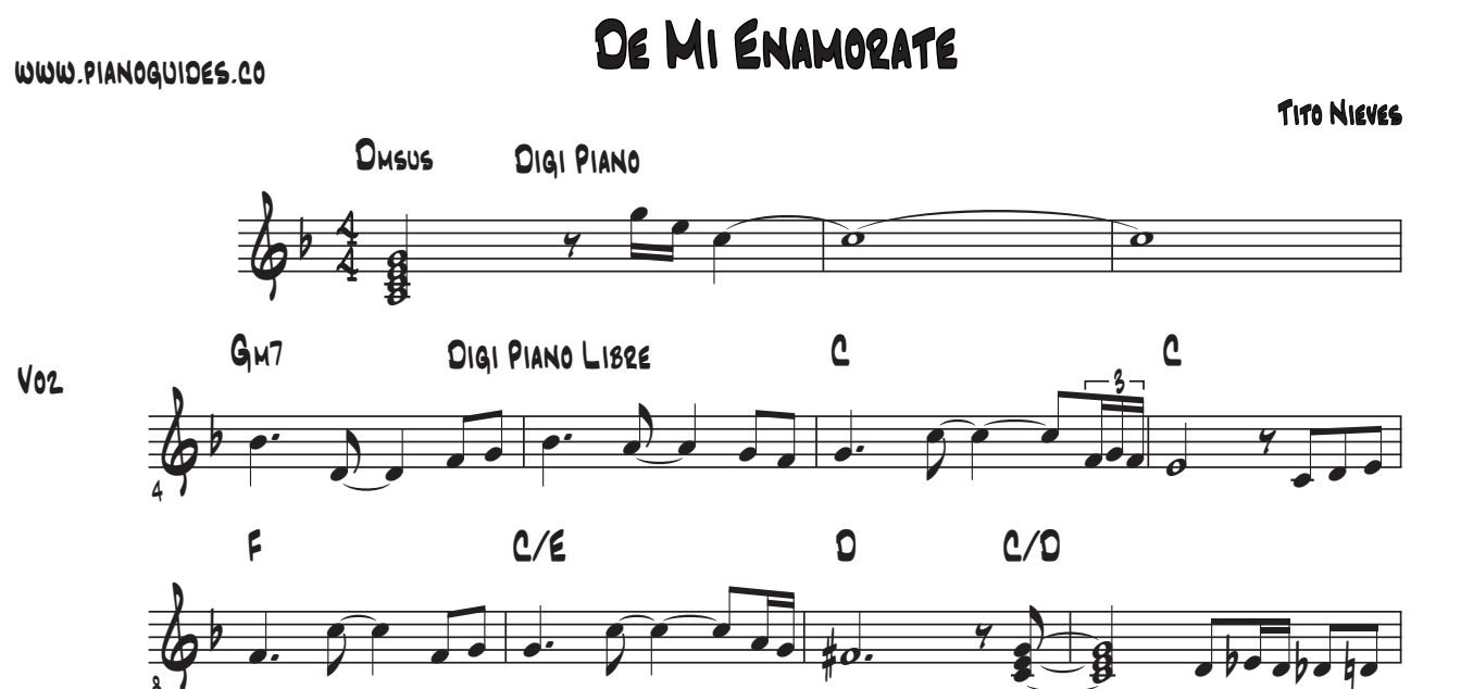 Título y tres primeras líneas de la guía de De Mí Enamórate (Tito Nieves)