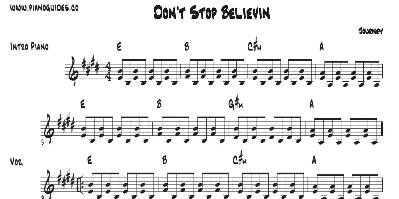 Título y primeras líneas de la guía de Don't Stop Believin'
