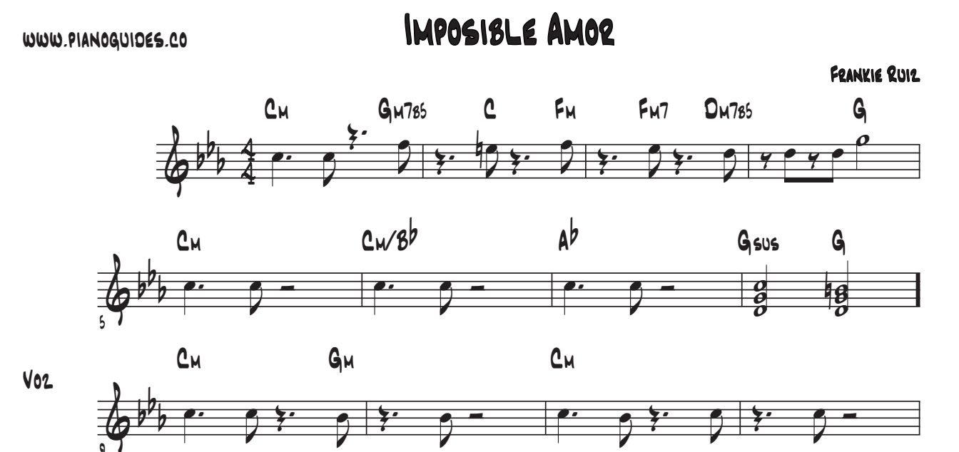 Título y tres primeras líneas de la guía de Imposible Amor (Frankie Ruiz)