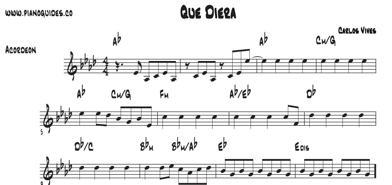 Título y tres primeras líneas de la guía de Qué Diera (Carlos Vives)