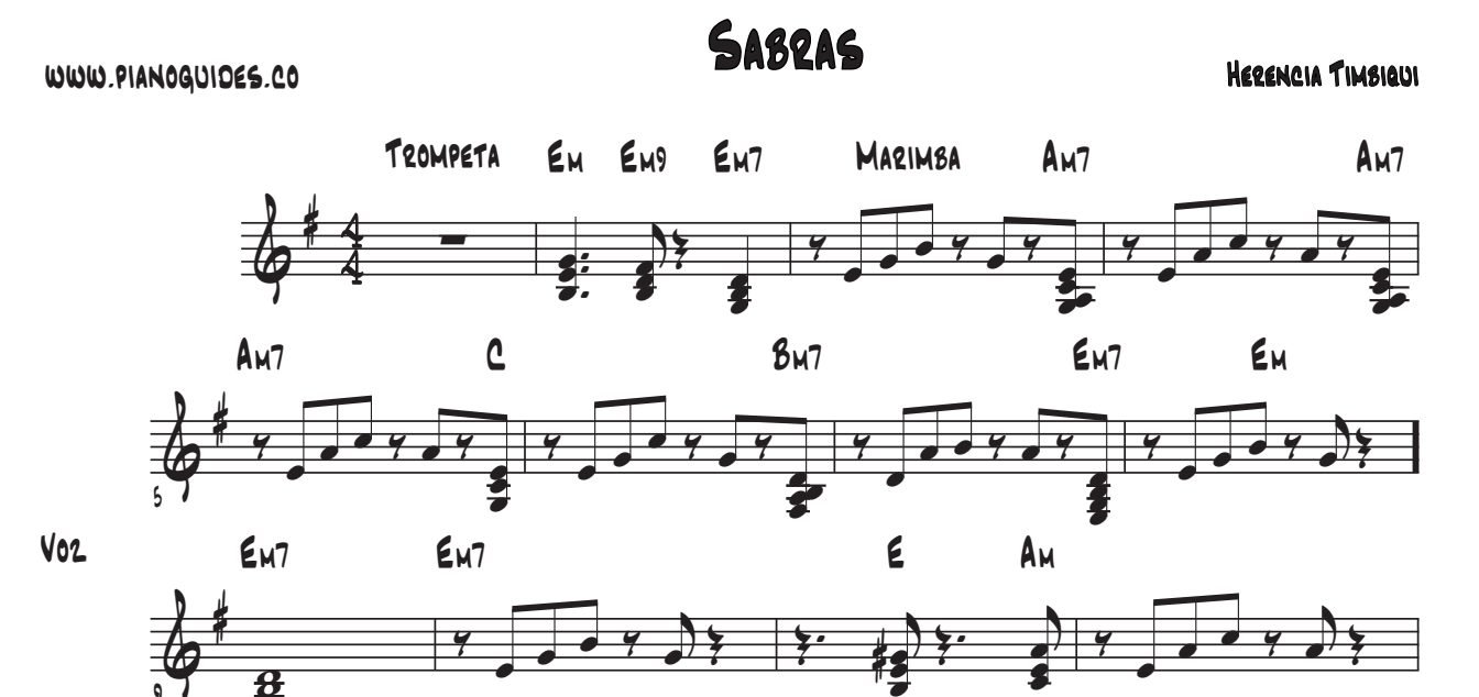 Título y tres primeras líneas de la guía de Sabrás (Herencia de Timbiquí)